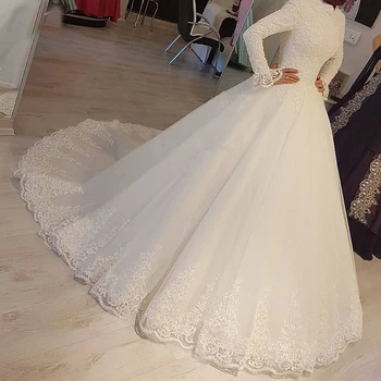 Naujas Baltos Spalvos Arabų Musulmonų Vestuvių Suknelės Princesė Aukšto Kaklo, Ilgomis Rankovėmis, Nėriniai Appliques Vestuvinės Suknelės Chalatas De Mariage