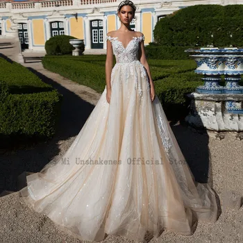 Chalatas de Mariage Šampano Kamuolys Suknelė Vestuvių Suknelė iki 2021 m. Nėrinių Vestuvių Suknelės Ilgai Mokyti Bažnyčia, Elegantiškos Vestuvinės Suknelės Bžūp Rankovėmis
