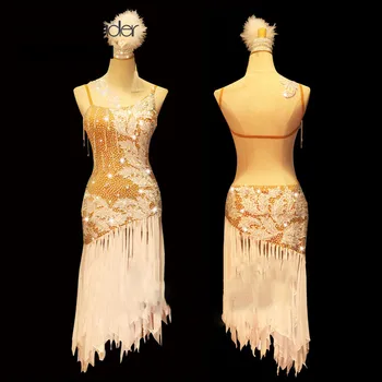 Aukštos klasės Užsakymą lotynų Šokių Suknelė Baltos spalvos, Siuvinėta Karoliukais Vamzdis su Kutais Šokių Sijonas Moterų Suaugusiųjų Konkurencijos Kostiumas