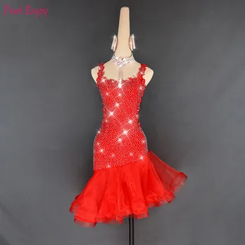 Blizga kalnų krištolas Moterų lotynų Dress Kostiumai raudona Seksualus Sijonas Salsa Samba Rumba Indijos Ponios lotynų Šokių Suknelė
