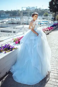 Šviesiai Mėlyna Kamuolys Suknelė Vestuvių Suknelės Iliuzija Brangakmenis Ilgomis Rankovėmis, Aplikacijos, Nėrinių Vestuvių Suknelės Susiėmę Paplūdimio Nuotakos Suknelė