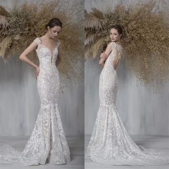 2021 Naujos Vestuvinės Suknelės Elegantiškas V Kaklo Apribota Rankovėmis Ir Nėrinių Aplikacijos Vestuvinės Suknelės Pagal Užsakymą Pagaminti Valyti Traukinio Undinė Vestuvių Suknelė