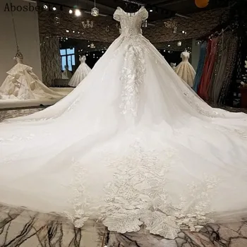 Gėlių Nėrinių Spausdinti Siuvinėjimas Kamuolys Suknelė Vestuvių Suknelė iki 2021 m. 200CM Katedra Traukinio Kutas Peties Balta, Uždusęs Nuotakos Suknelė