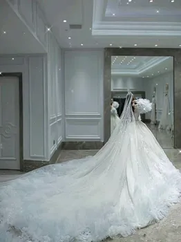 Dubajus Kristalai Duobute Prabangūs Blizgučiai Vestuvių Suknelės 2021 Rankovių Reljefiniai Kamuolys Suknelė Seksualus Vestuvinės Suknelės