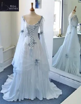 Derliaus Keltų Vestuvių Suknelės Baltos ir Šviesiai Mėlynos Spalvinga Viduramžių Vestuvinės Suknelės V Kaklo Korsetas, Ilgas Varpas Rankovėmis