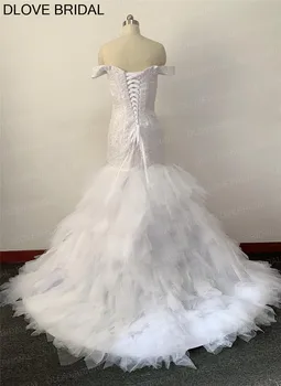 Sparkle Undinė Vestuvių Suknelė Aukštos Kokybės Off Peties Blizgučiais Puošnios Nėrinių Raukiniai Sijonas Nuotakos Suknelės Nėriniai Atgal