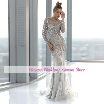 Prabangūs Krištolo China Vakaro Suknelės Moteris Ilg. Rankovėmis Undinė Šalis Suknelė Elegantiškas Blizgučiai Chalatas De Soirée 2021 Naują Atvykimo