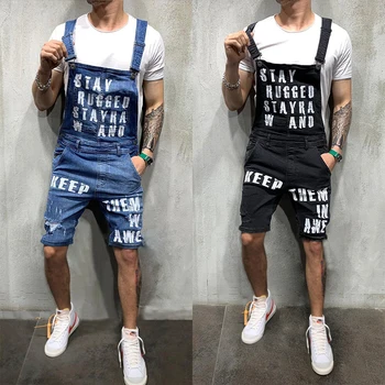 Vasaros Džinsinio šortai Jumpsuit vyrų Hip-hop bėgiojimas Streetwear mados Slim Darbo šortai laiškas Išspausdintas Džinsinis Kombinezonas vyras