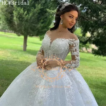 Prabangūs Nėriniai Ilgomis Rankovėmis Princesė Vestuvių Suknelės Iliuzija Blizgus Karoliukai Matyti Per Dubai Vestuvinės Suknelės Pagal Užsakymą Pagaminti Chalatas De Mariee