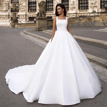 UETEEY Satino Vestuvių Suknelės Paprasta Rankovių Valymo Traukinio Plius Dydis Princesė Mordern-Line Mygtukai Vestuvių Suknelės 2022