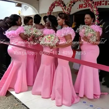 Tamsiai Rausvos Satino Undinė Bridesmaid Dresses Raukiniai Off Peties Afrikos Moterims, Ilgai Vestuvės Dress Vestidos
