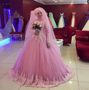 Vestido De Noiva 2021 Rožinė Musulmonų Vestuvių Suknelės, Kamuolys Suknelė Ilgomis Rankovėmis, Tiulio, Nėrinių Dubajus Arabų Vestuvių Suknelė Nuotakos Suknelė