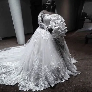 Ilgomis Rankovėmis, Uždusęs Plius Dydis vestuvių suknelės Linijos, Nėriniai vestuvių Suknelė iki 2021 m. už Juodosios Afrikos Mergaitėms vestuvių suknelė Vestido De Noiva
