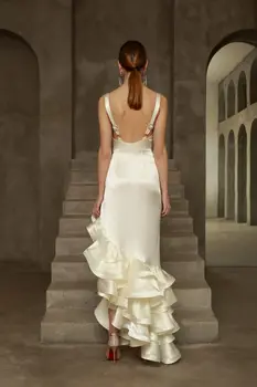 Asimetriškas Šilko Satino Vestuvių Suknelės 2021 V Kaklo Spagečiai Dirželiai Linijos, Vestuvės, Vestuvinės Suknelės vestido de noiva