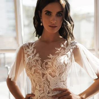Elegantiškos Scoop Vestuvių Suknelė su Rankovėmis Romantiška Vestidos de Novia Užsakymą pagaminti Nėriniai Nuotakos Suknelė 2020 Chalatas de Mariage