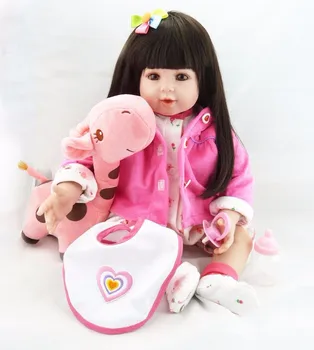 50cm Silikono Reborn Baby Doll Žaislas Vinilo Princesė Bamblys ilgi tiesūs plaukai, žirafa pliušinis Gimtadienio, Kalėdų Dovana Žaisti Namuose Bonecas