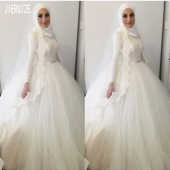 JIERUIZE Musulmonų Vestuvių Suknelės Baltos spalvos Tiulio Kamuolys Suknelė Vestuvių Suknelės Aukšto Kaklo, ilgomis Rankovėmis arabų Bažnyčios chalatas de mariee