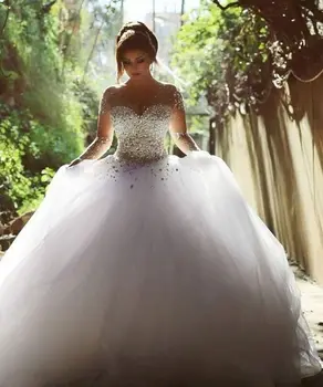 Prabangūs Krištolo Duobute Tiulio Kamuolys Suknelė Vestuvių Suknelės 2020 M. Afrikos Stilius Plius Dydis-Ilgomis Rankovėmis Princesė Vestuvių Suknelė