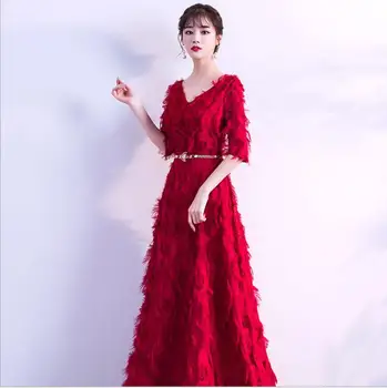 HSDYQ NAMŲ 2019-line Nėrinių Vestidos Vasaros Vakarą prom dresses Bžūp Rankovėmis Nuostabi Pusė Rankovės prom Dresses