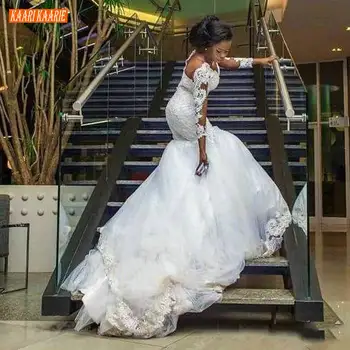 Prabangus Afrikos Undinė Vestuvių Suknelė Ilgomis Rankovėmis Nėrinių Appliques Baltos Nuotakos Suknelės Princesė Valymo Traukinio Dramblio Kaulo Vestuvių Suknelė